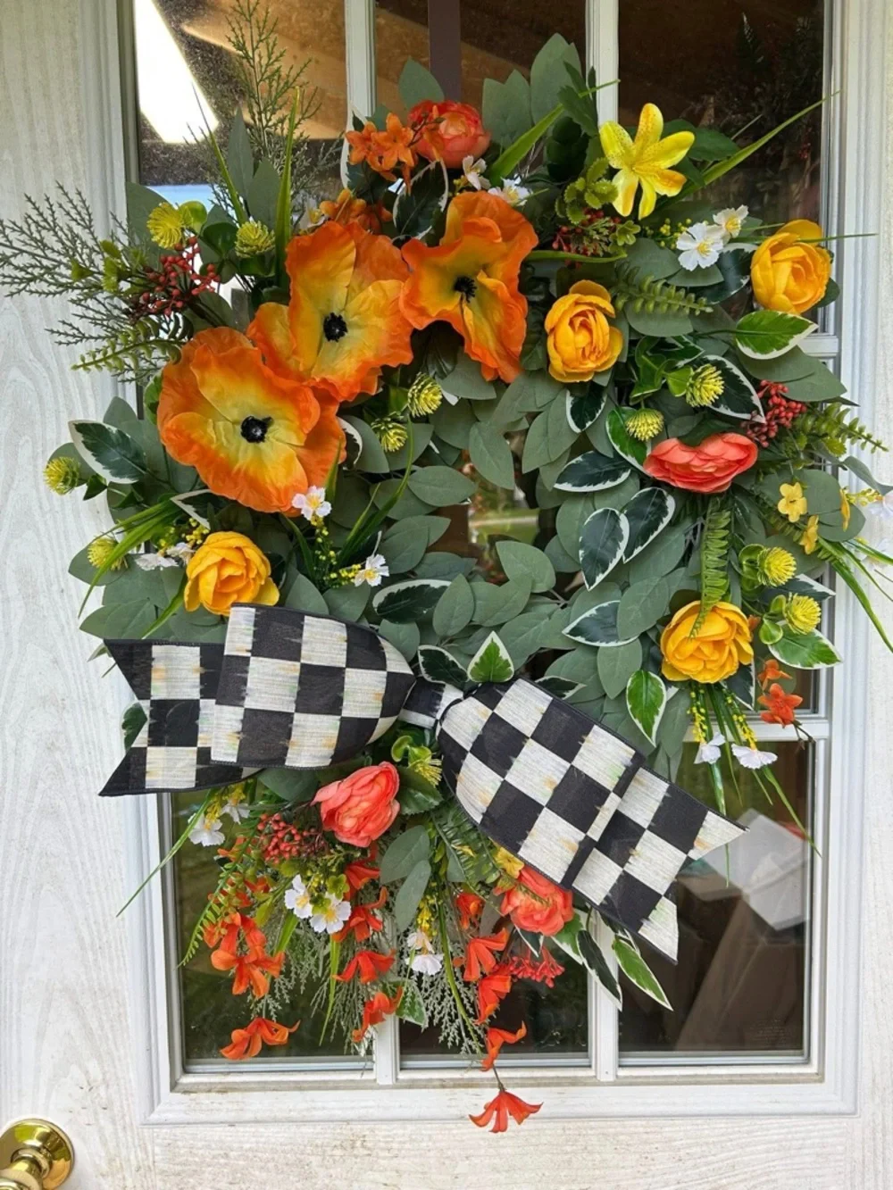 Handmade Spring/Summer Orange & Yellow Floral Wreath with Black Check Bow